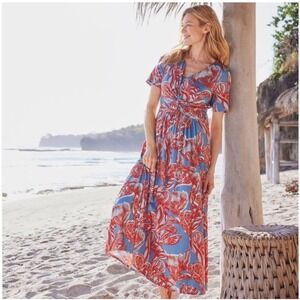 Soft Surroundings Spritzer Maxi Dress Size Petite Small Blue Orange Soft Stretch